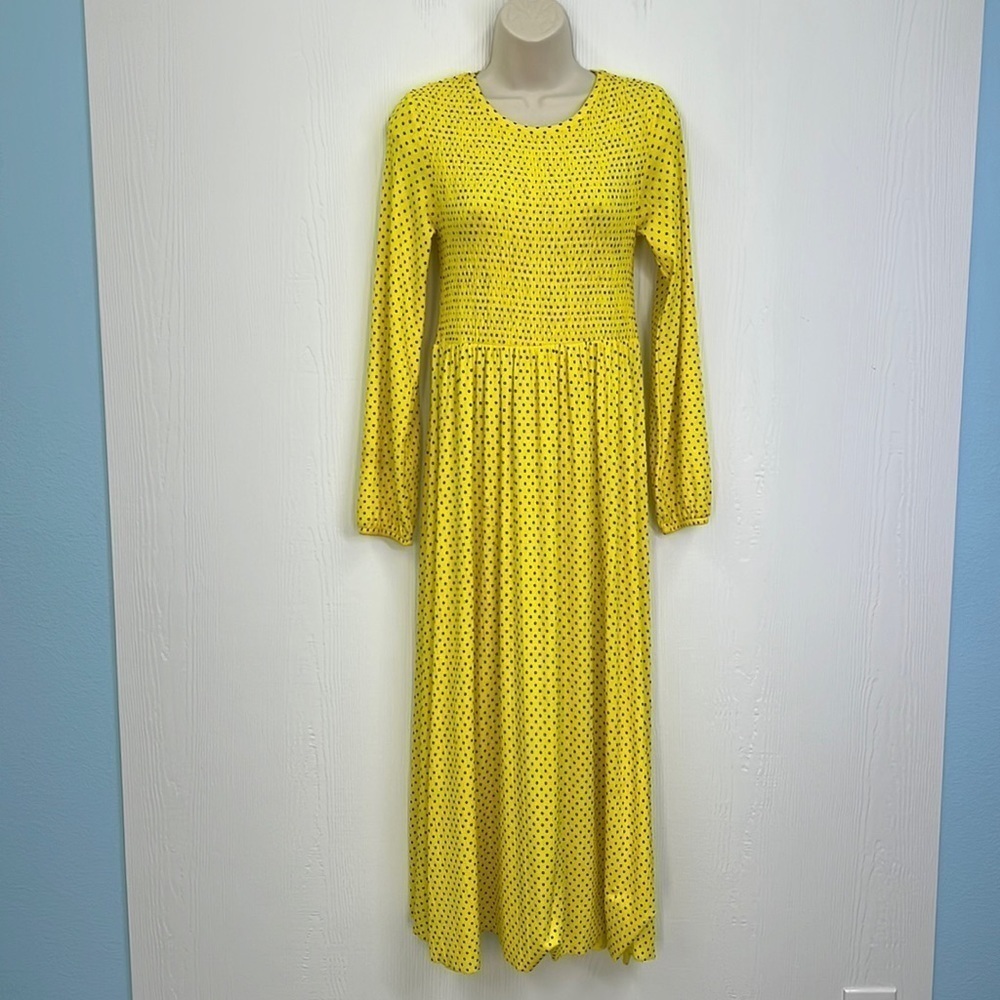 Zara - Yellow And Black Polka Dot Long Sleeve Maxi Dress Size Small